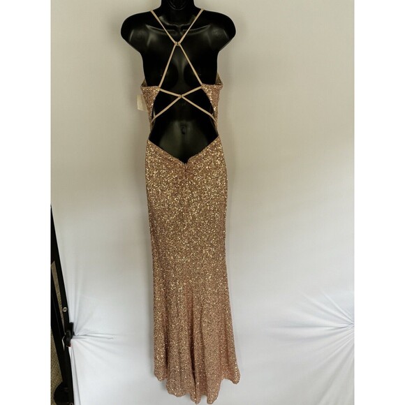 La Femme NWT Rose Blush Gold Sequin Floor Length Gown Tie Back Size 4 $398 - Picture 5 of 10